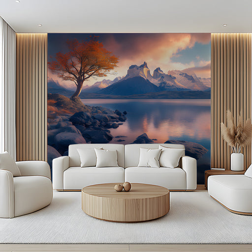 Autumn Tree Mountain Vista Mural Wallpaper | Warm Scenic Decoration