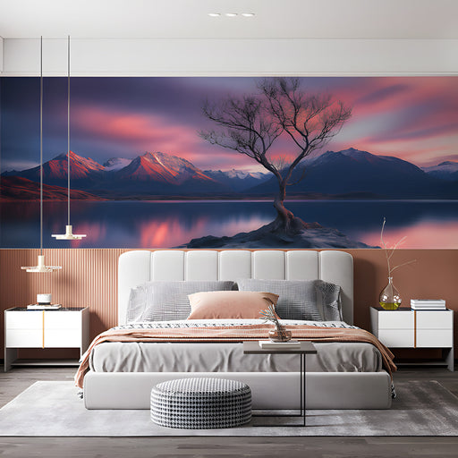Dramatic Tree Mountain Sunset Mural Wallpaper | Bold Natural Decoration