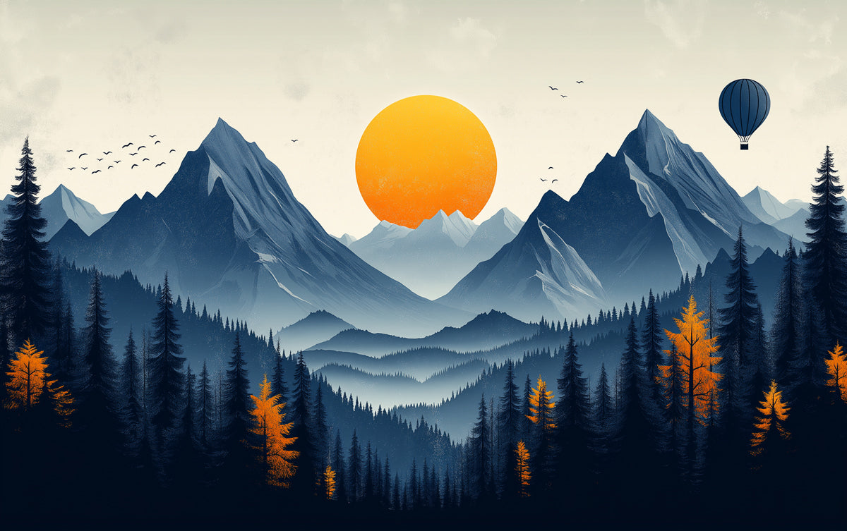 Paysage de montagne au coucher de soleil avec des ballons à air chaud Mural Wallpaper pour un salon | Montagne orange, bleu, gris et vert -1