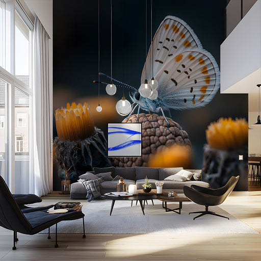 Spotted Butterfly with Floral Elements Mural Wallpaper | Vivid Natural Decoration