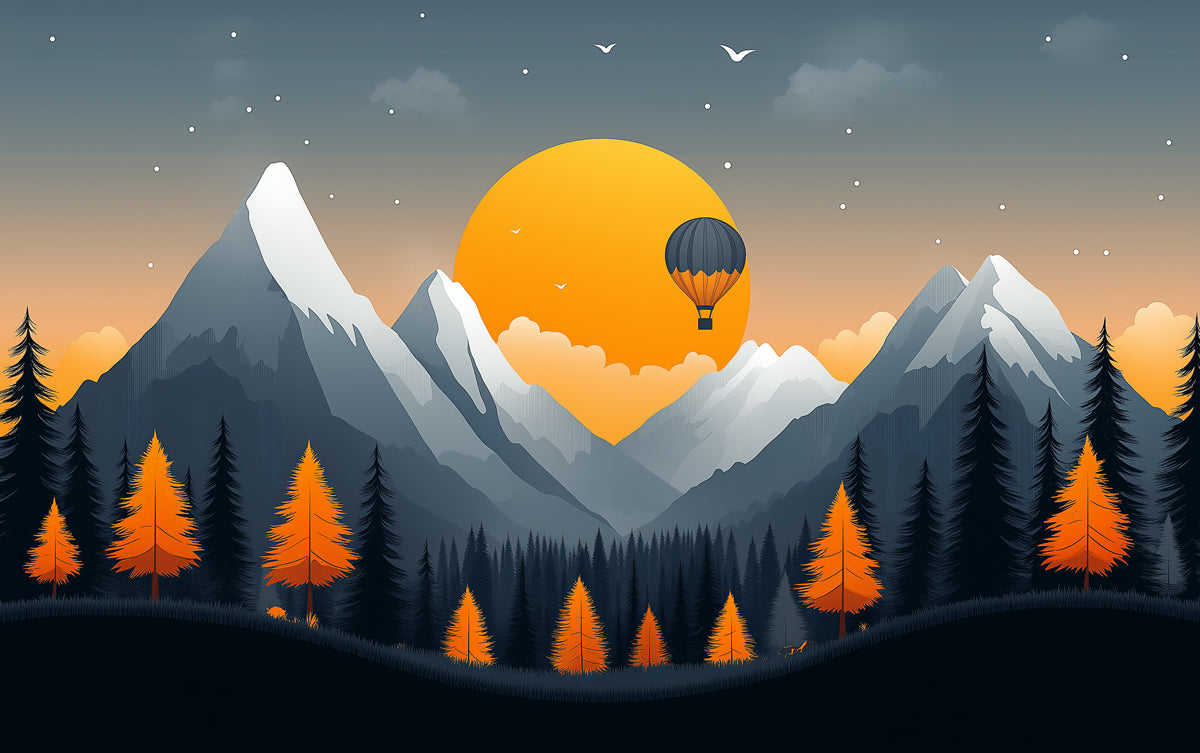 Paysage de montagne au coucher de soleil avec des ballons à air chaud Mur Mural Wallpaper | Or, bleu, gris et vert Montagne