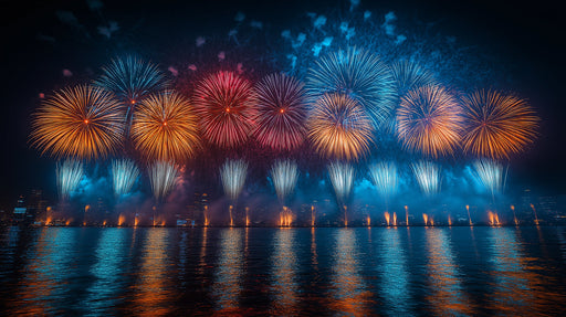 Multicolored Fireworks Over Water Living Room Mural Wallpaper | Lively Festive