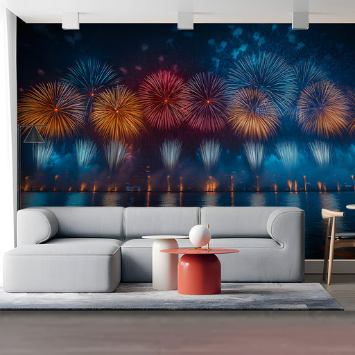 Multicolored Fireworks Over Water Living Room Mural Wallpaper | Lively Festive