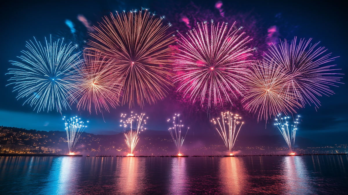 Multicolored Fireworks Over Water Living Room Mural Wallpaper | Lively Festive