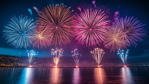 Multicolored Fireworks Over Water Living Room Mural Wallpaper | Lively Festive