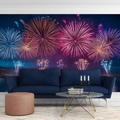 Multicolored Fireworks Over Water Living Room Mural Wallpaper | Lively Festive