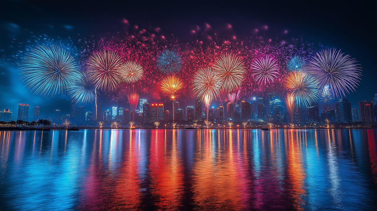 Multicolored Fireworks Over Water Living Room Mural Wallpaper | Lively Festive