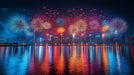 Multicolored Fireworks Over Water Living Room Mural Wallpaper | Lively Festive