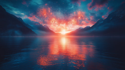 Fireworks Over Mountain Lake Living Room Mural Wallpaper | Grand Scenic Decoration