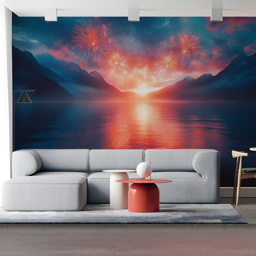 Fireworks Over Mountain Lake Living Room Mural Wallpaper | Grand Scenic Decoration