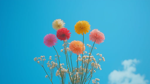 Colorful Flowers on Blue Wall Cafe Mural Wallpaper | Vibrant Cheerful Decoration