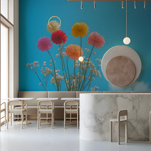 Colorful Flowers on Blue Wall Cafe Mural Wallpaper | Vibrant Cheerful Decoration