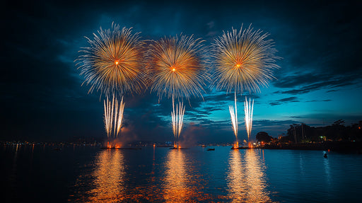 Red Fireworks Over Water Bedroom Mural Wallpaper | Dramatic Serene Decoration