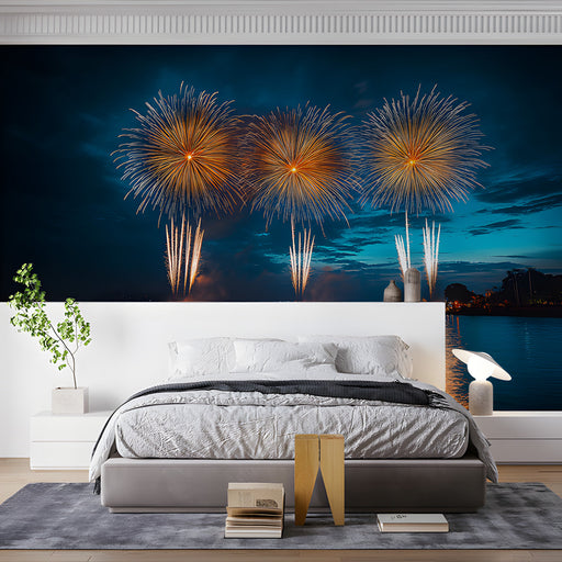 Red Fireworks Over Water Bedroom Mural Wallpaper | Dramatic Serene Decoration