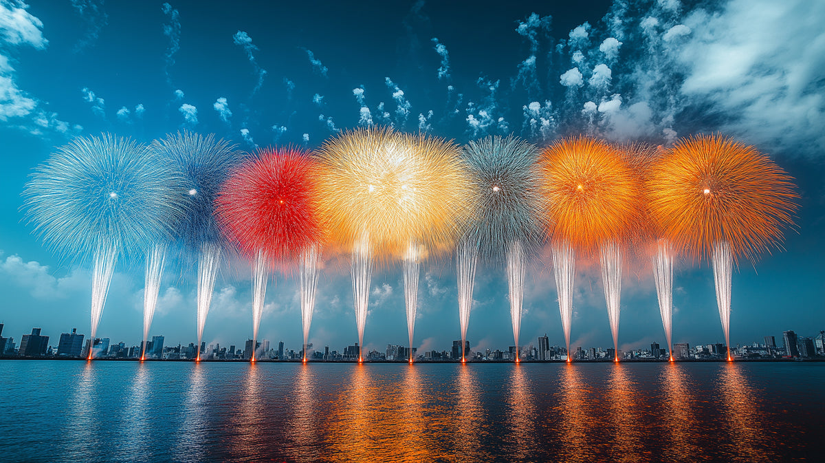 Multicolored Fireworks Over Water Living Room Mural Wallpaper | Lively Festive Decoration