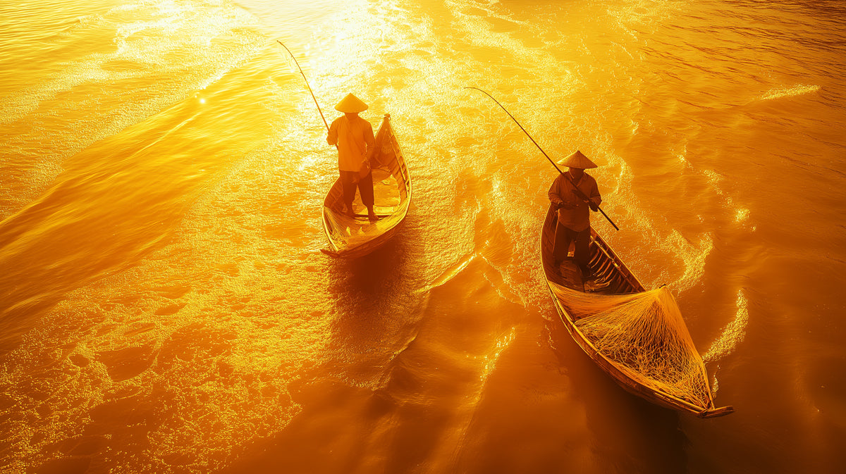 Golden Fishing Scene Living Room Mural Wallpaper | Serene Cultural Decoration
