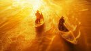 Golden Fishing Scene Living Room Mural Wallpaper | Serene Cultural Decoration