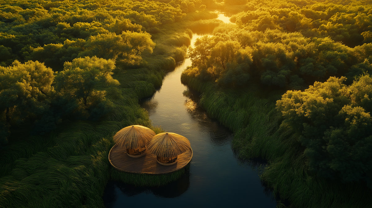 Sunlit Forest River Living Room Mural Wallpaper | Tranquil Natural Decoration