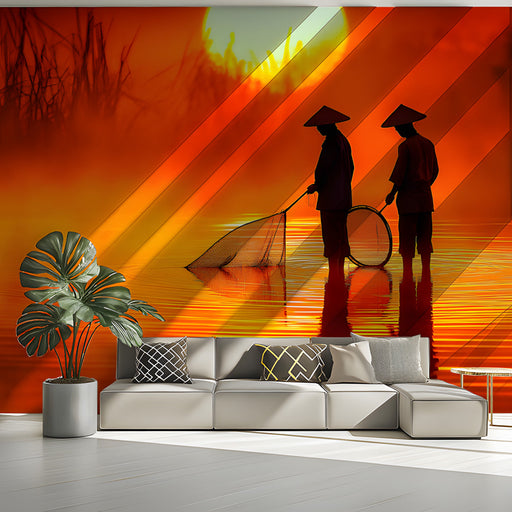 Geometric Sunset Fishing Living Room Mural Wallpaper | Modern Cultural Decoration