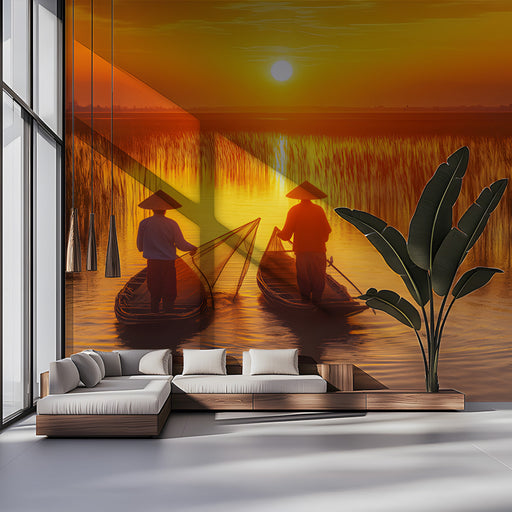 Sunset Fishing Boats Living Room Mural Wallpaper | Serene Artistic Decoration
