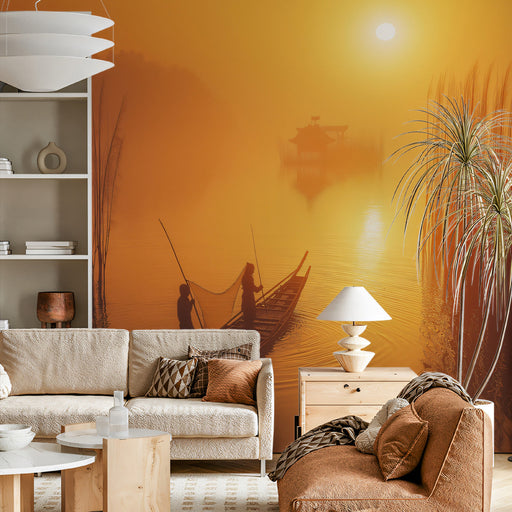 Golden Sunset Fishing Village Living Room Mural Wallpaper | Serene Rustic Decoration