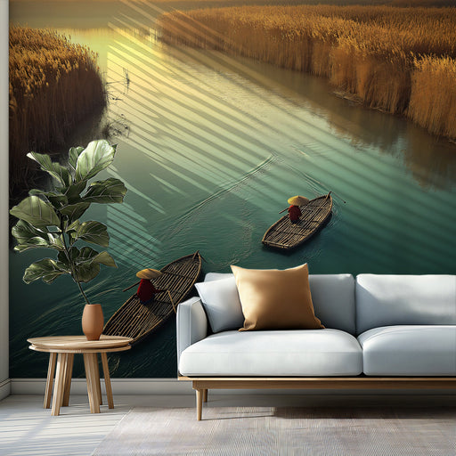 River Fishing at Dusk Living Room Mural Wallpaper | Peaceful Natural Decoration