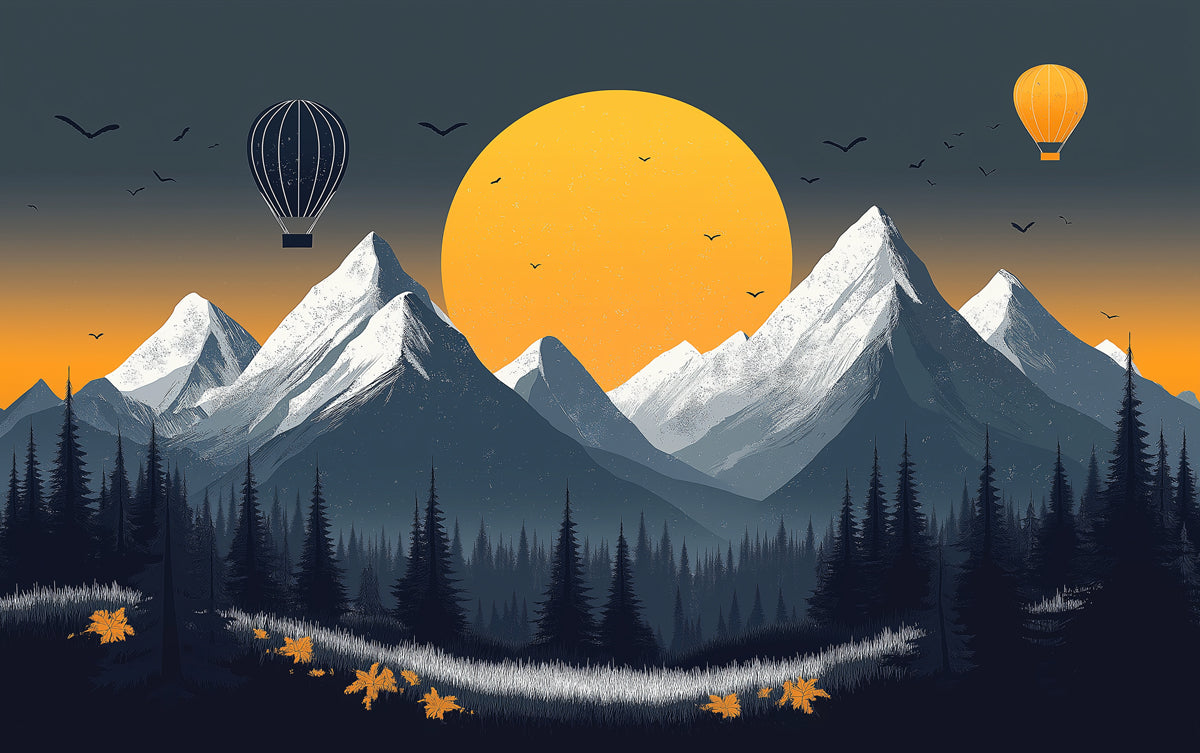 Papier peint mural de coucher de soleil sur la montagne enneigée avec des ballons à air chaud pour un salon | Montagnes orange, bleue, grise et verte