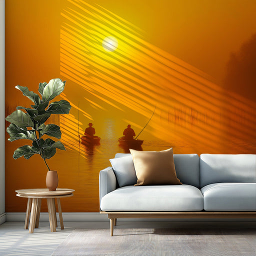 Sunset Fishing Silhouettes Living Room Mural Wallpaper | Tranquil Dramatic Decoration