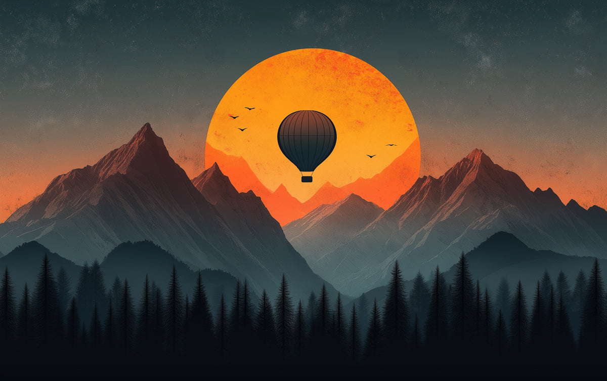 Mountain Sunset with Hot Air Balloons Mural Wallpaper  for a Lounge of the office or hotel | Orange, Blue, Gray and Green Mountain -6