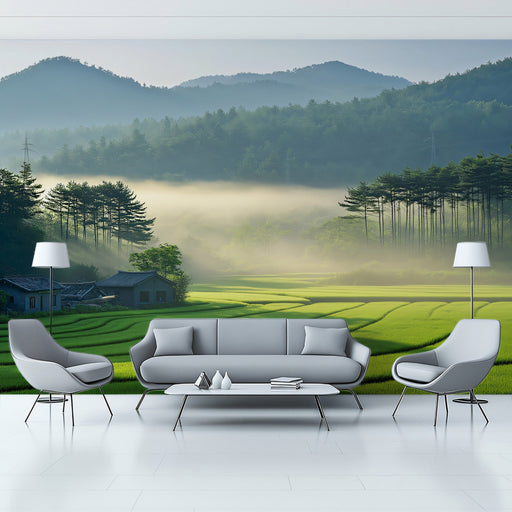 Rice Fields Misty Morning Mural Wallpaper | Serene Natural Decoration
