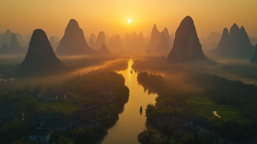 River Valley Sunset Mural Wallpaper | Warm Scenic Decoration