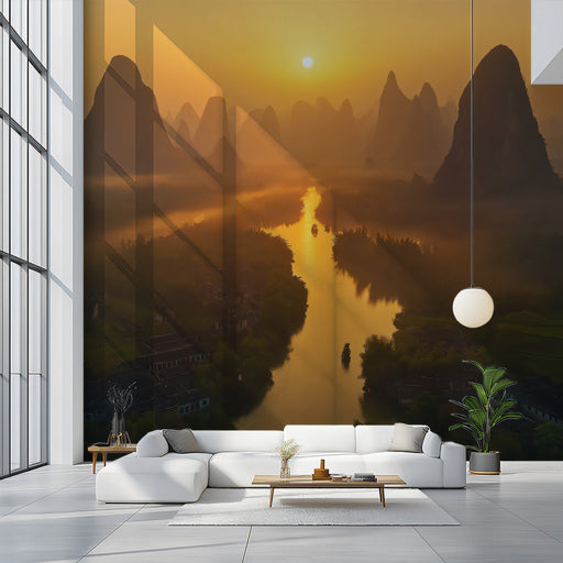 River Valley Sunset Mural Wallpaper | Warm Scenic Decoration