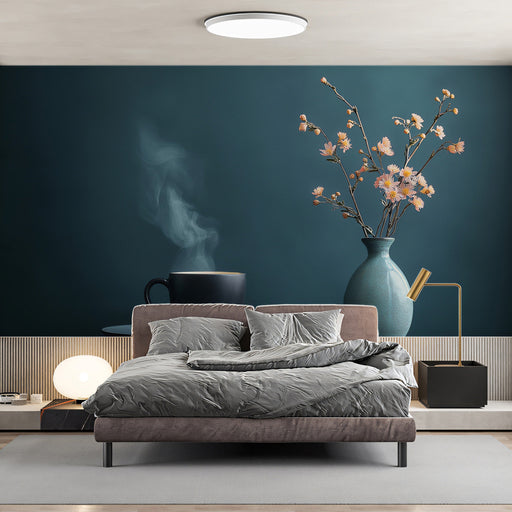 Blue Vase Floral Bedroom Mural Wallpaper | Serene Stylish Decoration