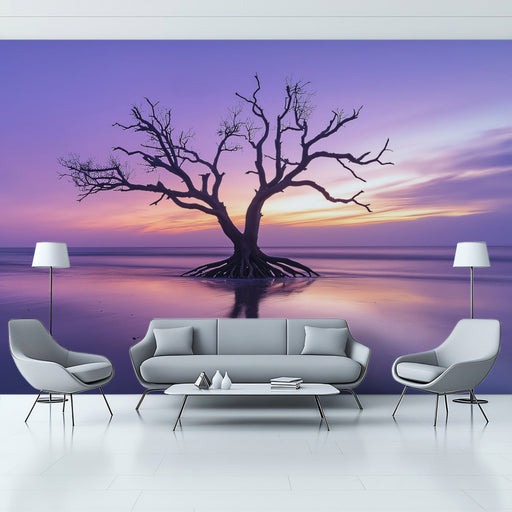 Purple Sunset Tree Living Room Mural Wallpaper | Tranquil Dramatic Decoration