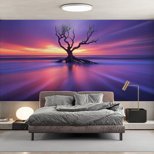 Purple Sunset Tree Living Room Mural Wallpaper | Tranquil Dramatic Decoration