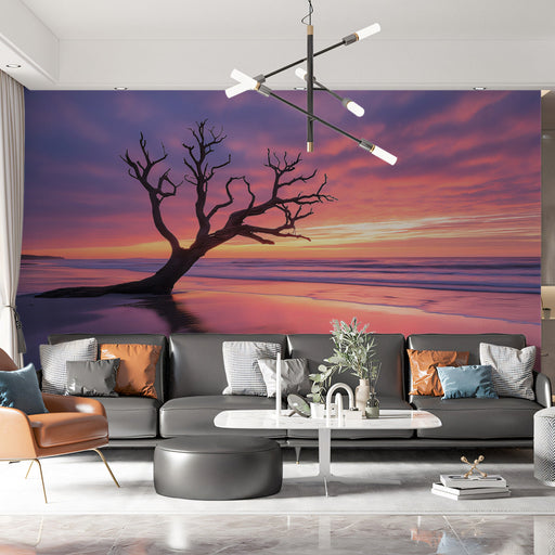 Purple Sunset Tree Living Room Mural Wallpaper | Tranquil Dramatic Decoration