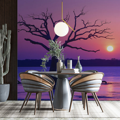 Purple Sunset Tree Dining Mural Wallpaper | Elegant Serene Decoration