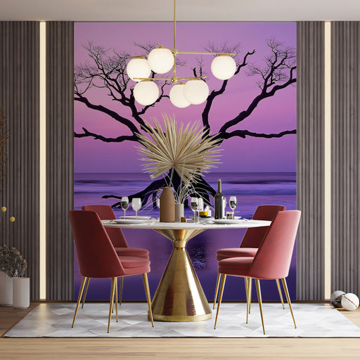 Purple Sunset Tree Dining Mural Wallpaper | Elegant Ambiance Decoration