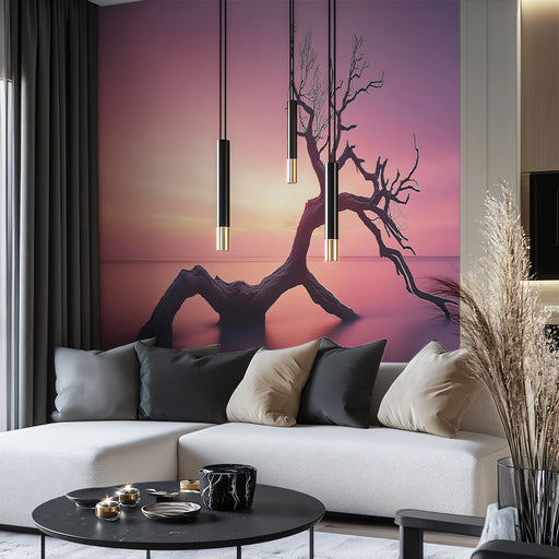 Purple Horizon Tree Living Room Mural Wallpaper | Modern Serenity Decoration