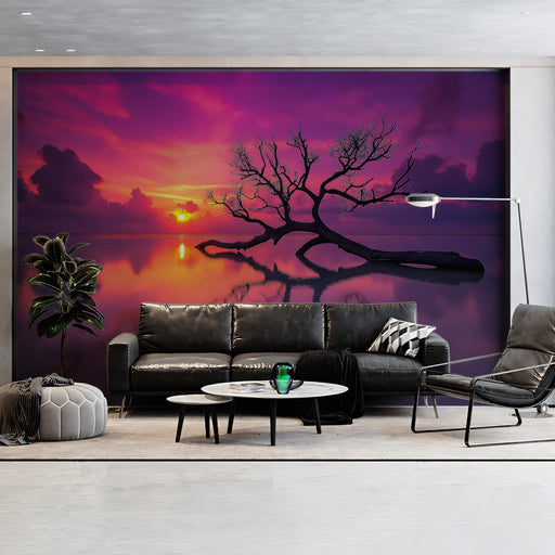 Purple Sunset Reflection Living Room Mural Wallpaper | Dramatic Tranquility Decoration