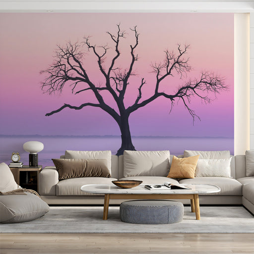 Purple Misty Tree Living Room Mural Wallpaper | Mystical Peace Decoration