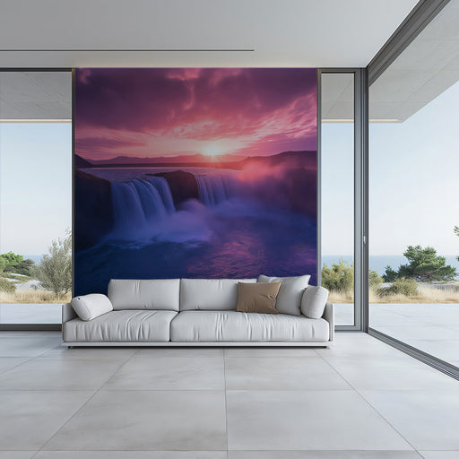 Purple Waterfall Living Room Mural Wallpaper | Dramatic Serenity Decoration