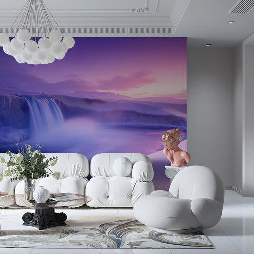 Purple Mountain Waterfall II Living Room Mural Wallpaper | Majestic Mystical Decoration
