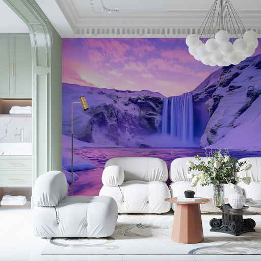 Purple Snowy Waterfall Living Room Mural Wallpaper | Serene Dramatic Decoration