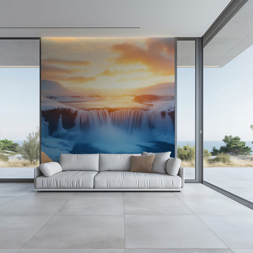 Golden Waterfall Living Room Mural Wallpaper | Warm Inviting Decoration
