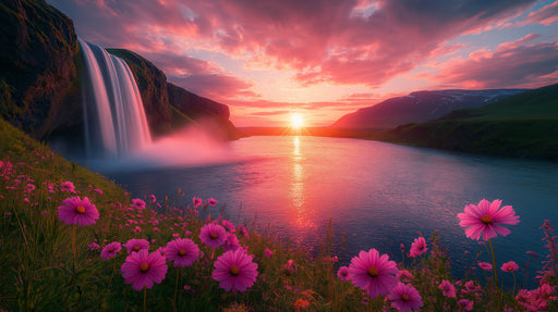 Sunset Waterfall Living Room Mural Wallpaper | Dramatic Serenity Decoration