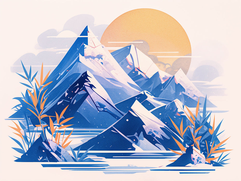 
Blaue Berg- und Sonnenwandmalerei-Tapete | Blau Orange und Weißer Berg