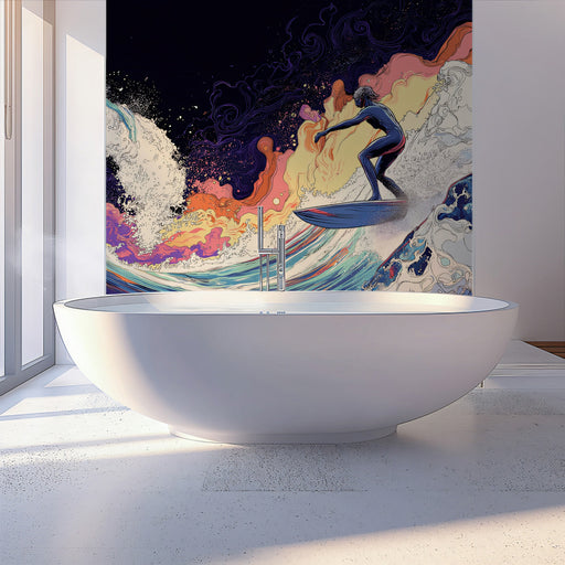 Cosmic Surf Bathroom Mural Wallpaper | Mystical Vibrant Decoration