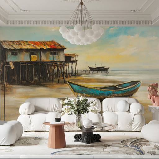 Coastal Shack Living Room Mural Wallpaper | Rustic Beachy Decoration