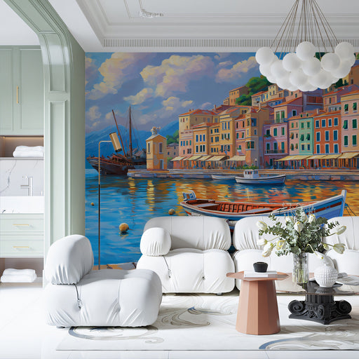Coastal Harbor Living Room Mural Wallpaper | Vibrant Coastal Decoration